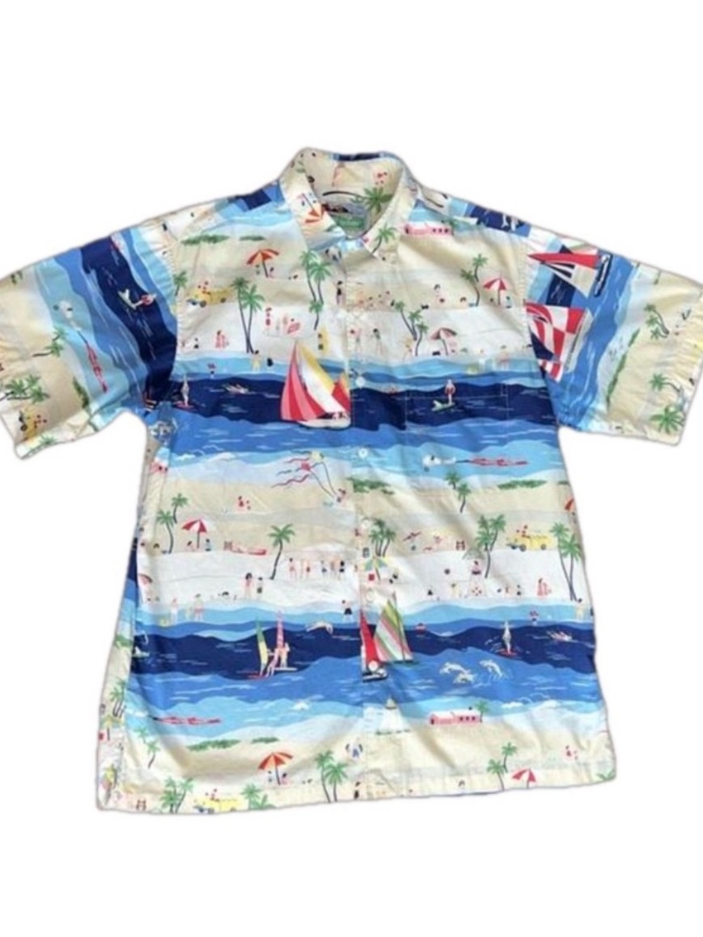 Reyn Spooner Vintage Tropical Beach Print Button-Up Short Sleeve Shirt. Size M.